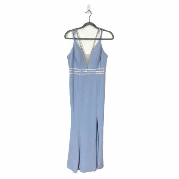 Cachet Evening Gown Dress Prom Blue Deep Plunge Neck Front Slit Formal Size 8 - Picture 2 of 15